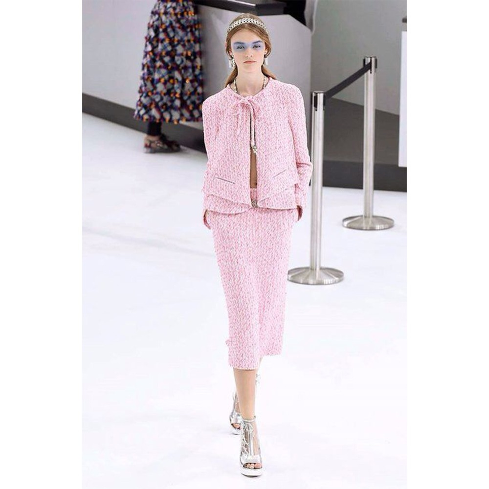 CHANEL SS16 Runway Pink Tweed Jacket & Skirt Suit Set FR 46 US 14 Karl Lagerfeld